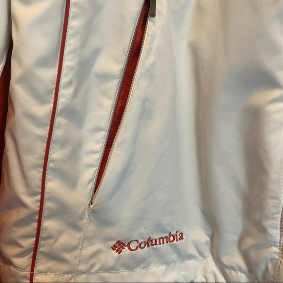 Columbia White w/Orange Coral Waterproof Breathable Jacket w/ hidden hood Size L - Picture 3 of 12